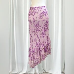 Mixit Lavender Purple Floral Silk Chiffon Midi Skirt | Ruffle Hem | Size 14